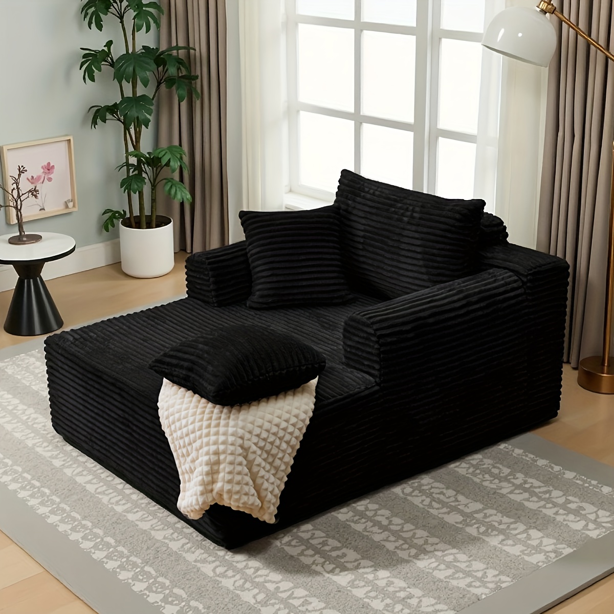 TEMU A Modern Fabric Corduroy Sofa Bed With A Deep Seat That , Featuring Throw Pillows -shaped Armrests, Along With Storage Pockets, Ideal For Use As