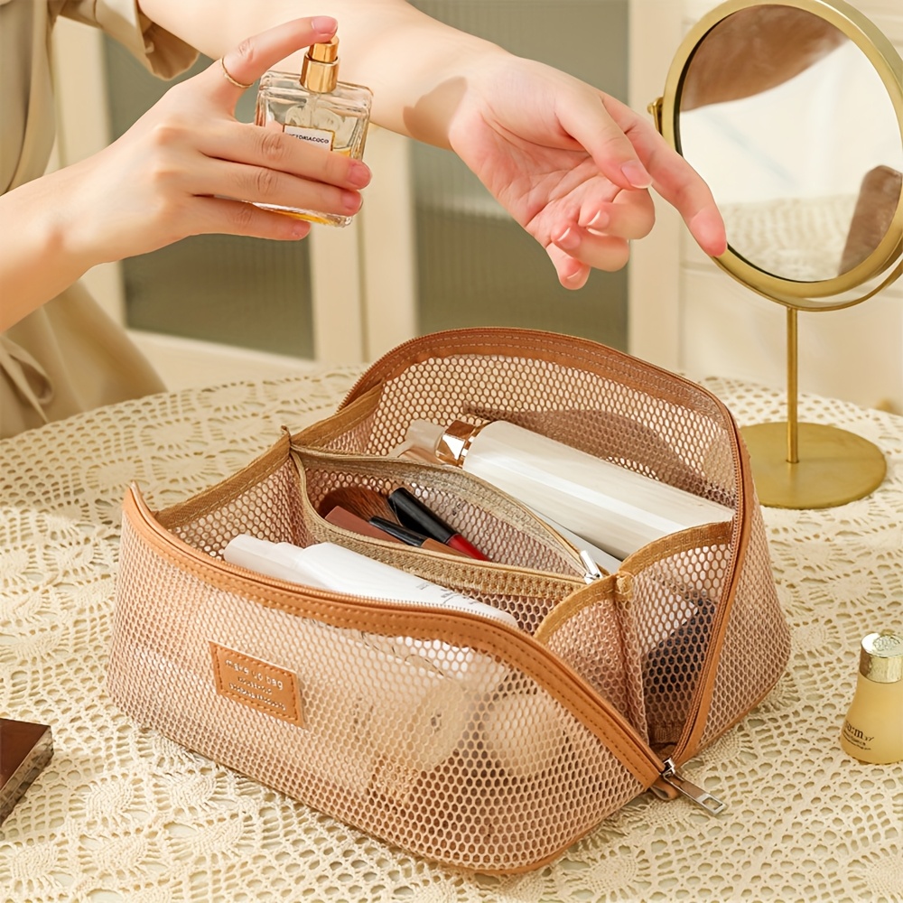 Stylish Mesh Cosmetic Bag Travel Breathable Handheld Beach Bag Large Capacity Portable Multi-functional Wash Bag High-end Beauty Tool Storage Bag