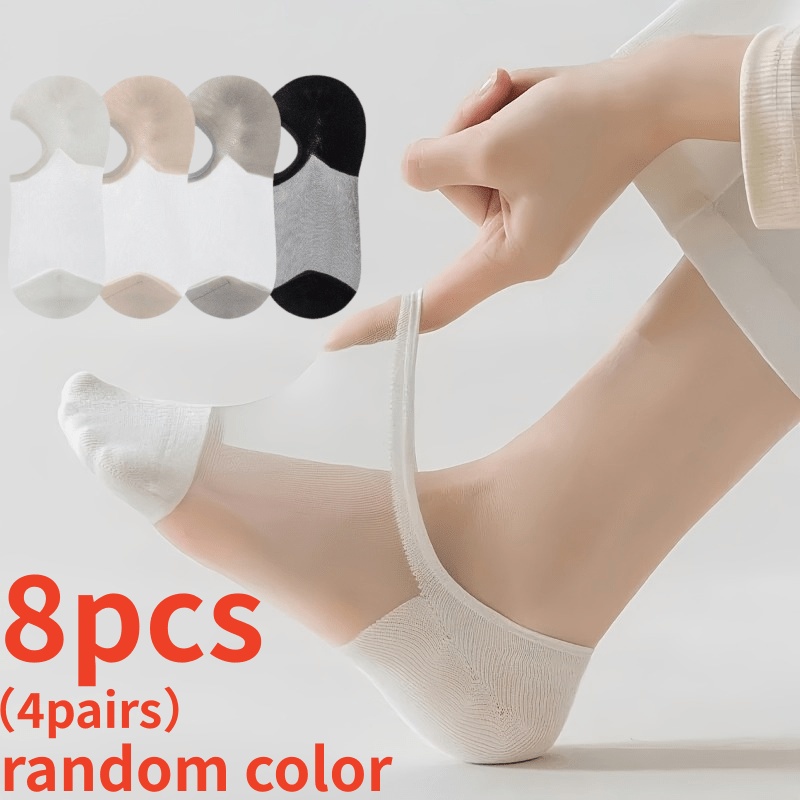 TEMU 4 Pairs Summer Shallow Mouth Invisible Boat Socks Random Colors, Glass Fiber Transparent Breathable Short Tube Socks, Comfortable Anti-slip