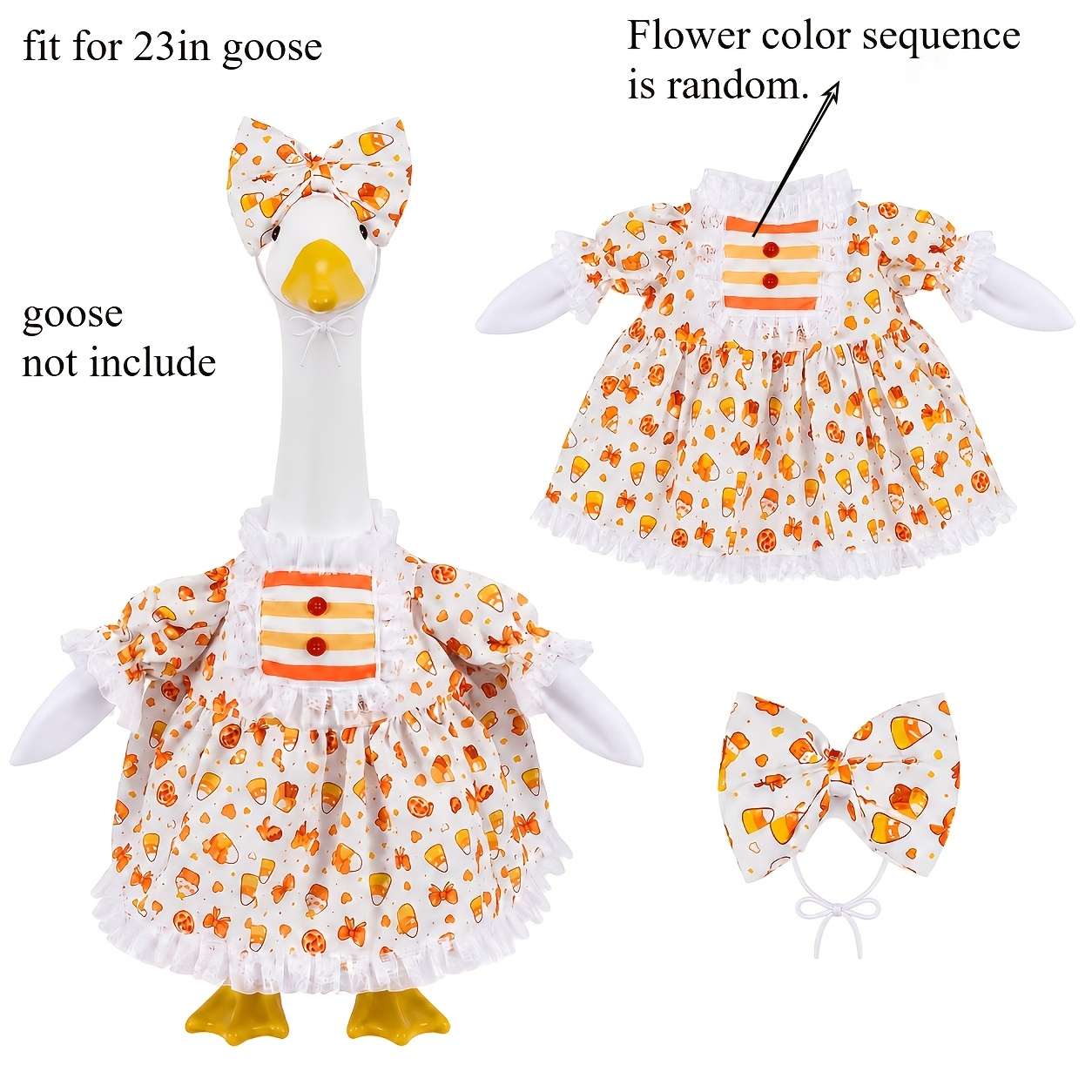 TEMU Ensemble d'oie d'automne Halloween Candy Corn, comprend un nœud surdimensionné à imprimé thématique, une robe à manches bouffantes avec épissure
