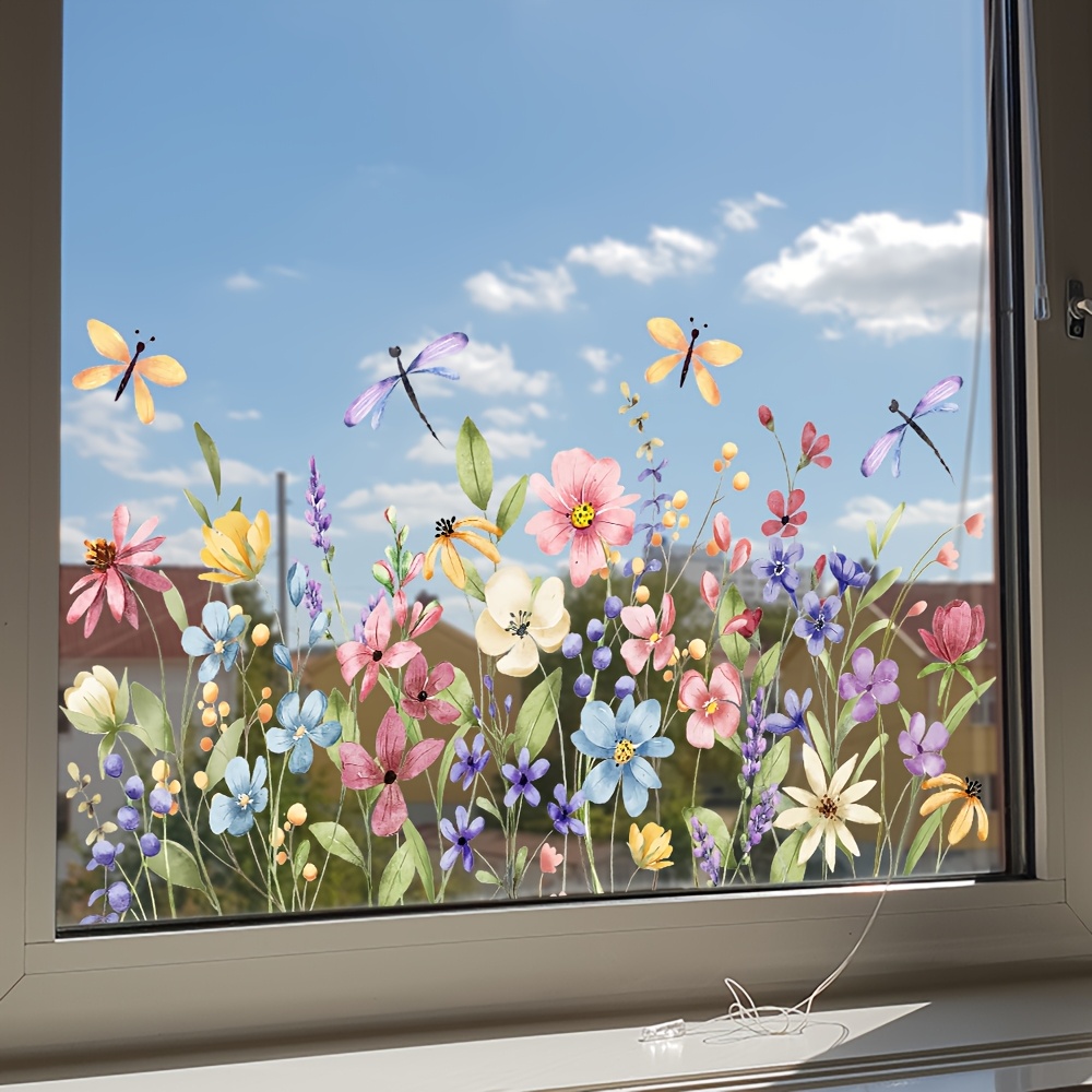 E-shop Wasserblumen Libellen Fensteraufkleber, Abziehbare Selbstklebende Frühlings-/Sommer-Blumendekoration für Zuhause, Küche Wohnzimmerglasdeko,