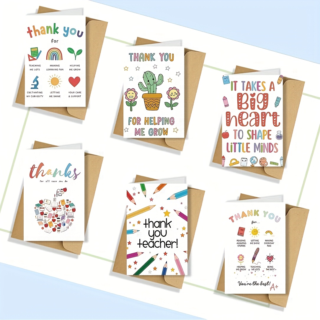TEMU 24pcs Teacher Appreciation Greeting Cards Set 12 Cards And 12 Envelopes, 6 Styles, Colorful Thank You Messages With School/nature Designs, Ideal