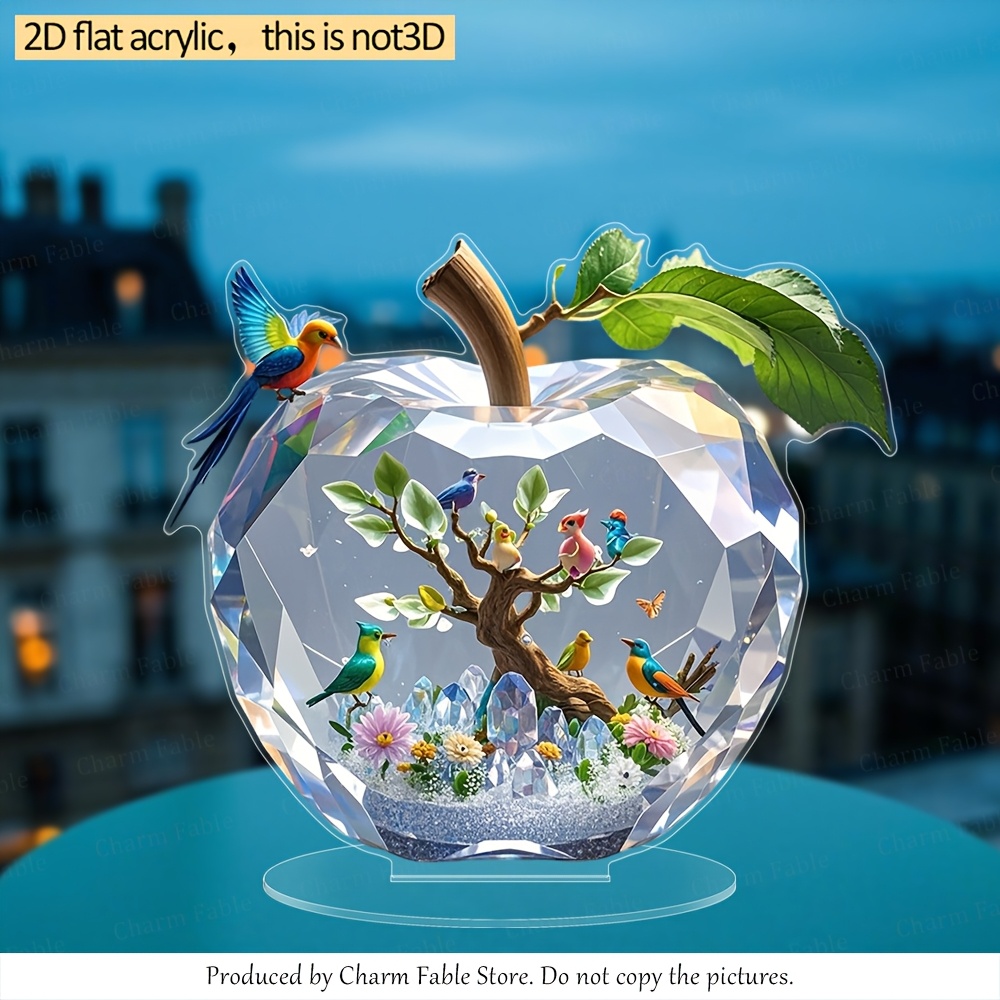 E-shop 2D Flache Acryl-Apple Überraschungsgeschenkbox - Kristallklare Schreibtischdekoration mit Bunten Vögeln, Blumenzweigen & Schneebedeckter Basis