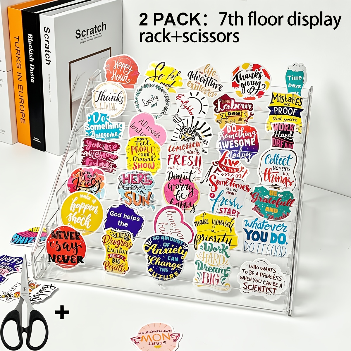 TEMU Lot de 2 présentoirs à cartes en acrylique à 7 niveaux avec 1 paire de ciseaux, présentoir à autocollants multifonctionnel, convient pour cartes