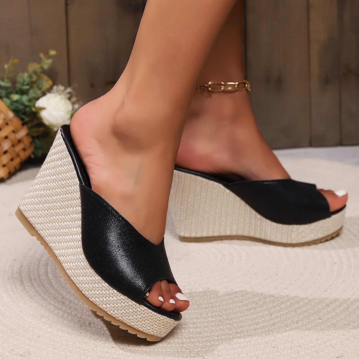 womens fashion wedge sandals solid color slip open toe Temu