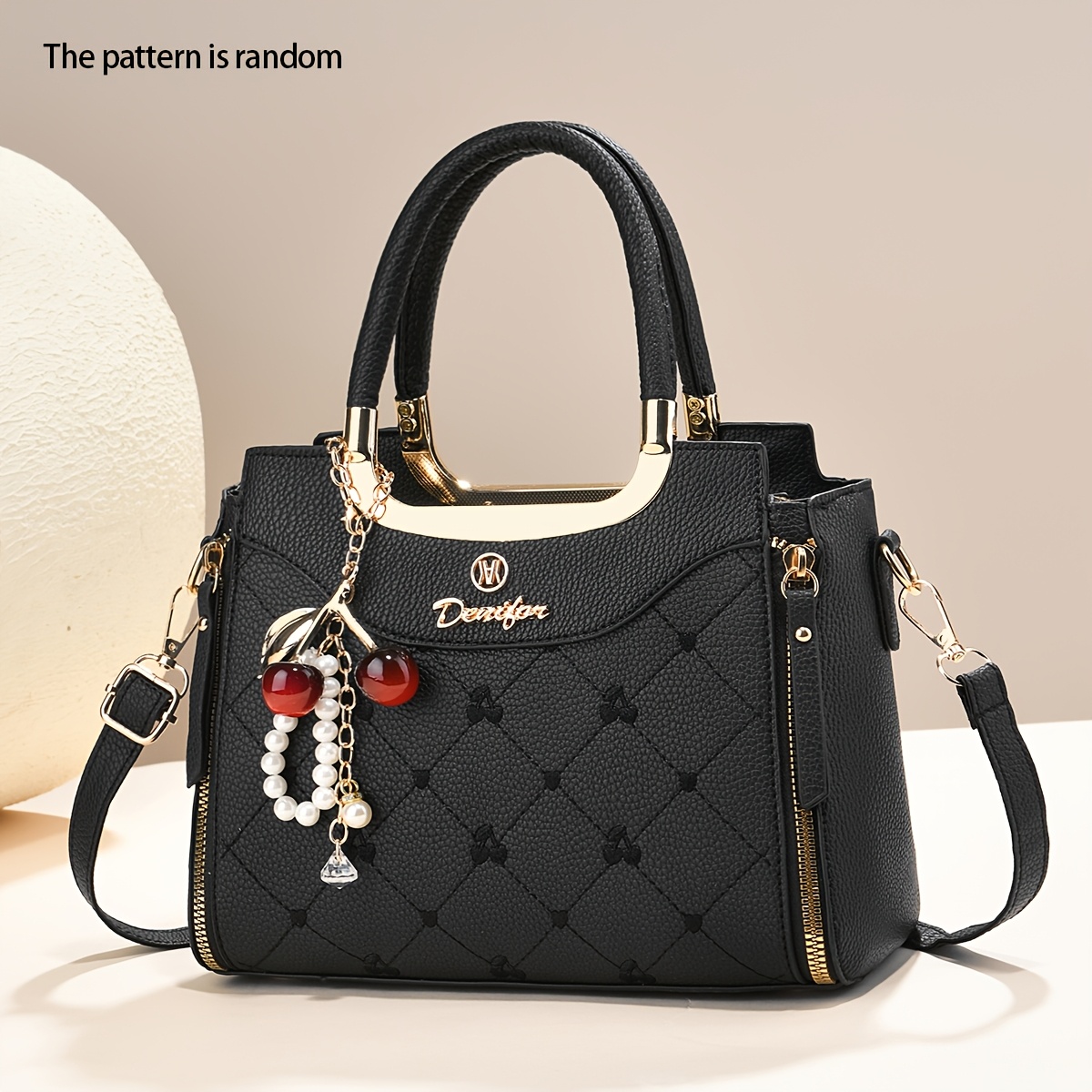 TEMU Women'-shoulder Bag, Light Luxury Rhombus Stitching Handbag, Exquisite Cherry Pendant With Metal Hardware, Large Capacity Commuter