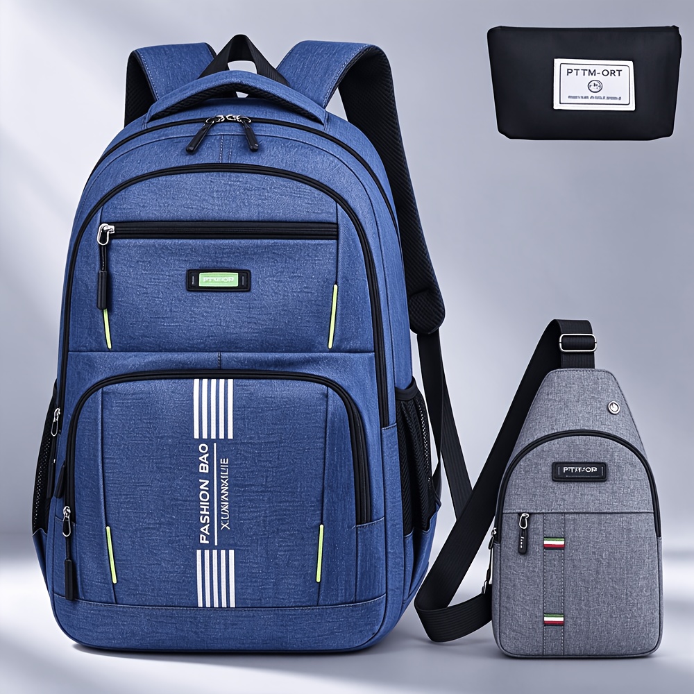 TEMU Men's Large Capacity Student Backpack - Durable Nylon, Adjustable Straps, Multi-compartment For Business & Campus, Black Travel Backpack (3pcs