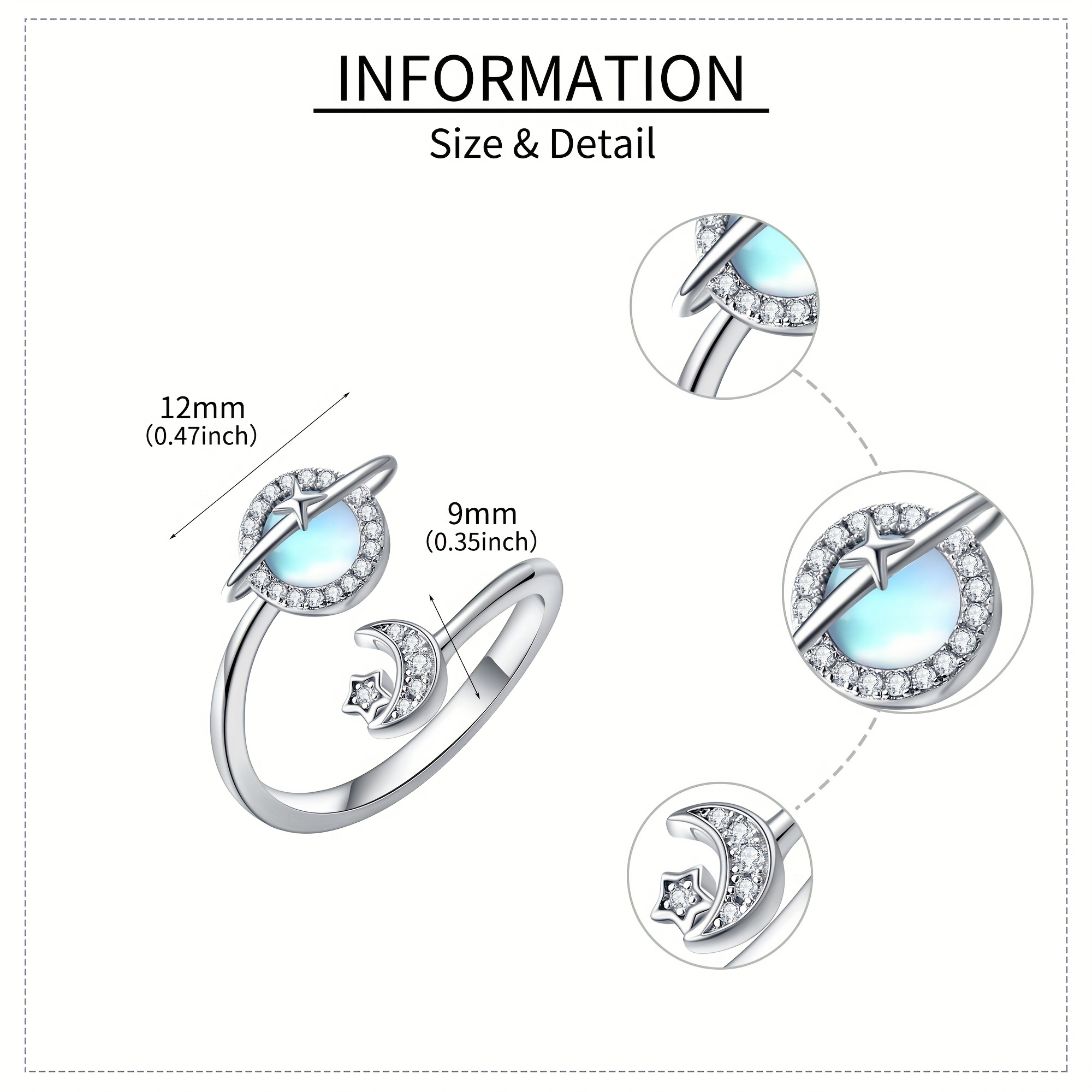 Women's Adjustable 925 Sterling Silver Star Planet Ring with Moonstone