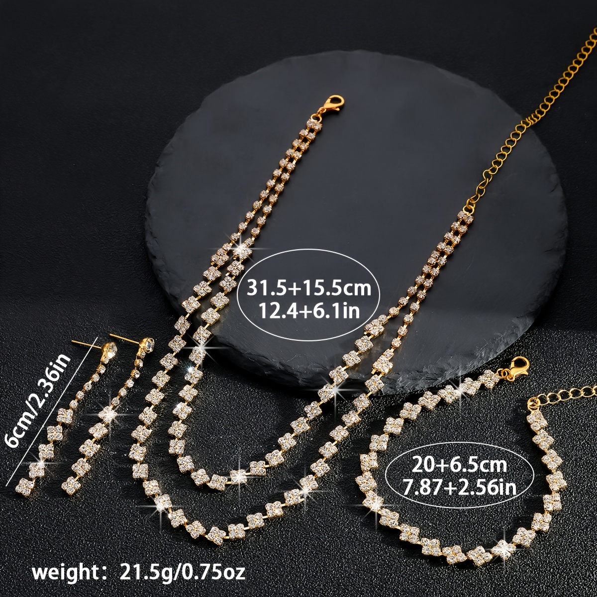 Sparkling Rhinestone Double Layer Necklace and Earrings Set for Bride