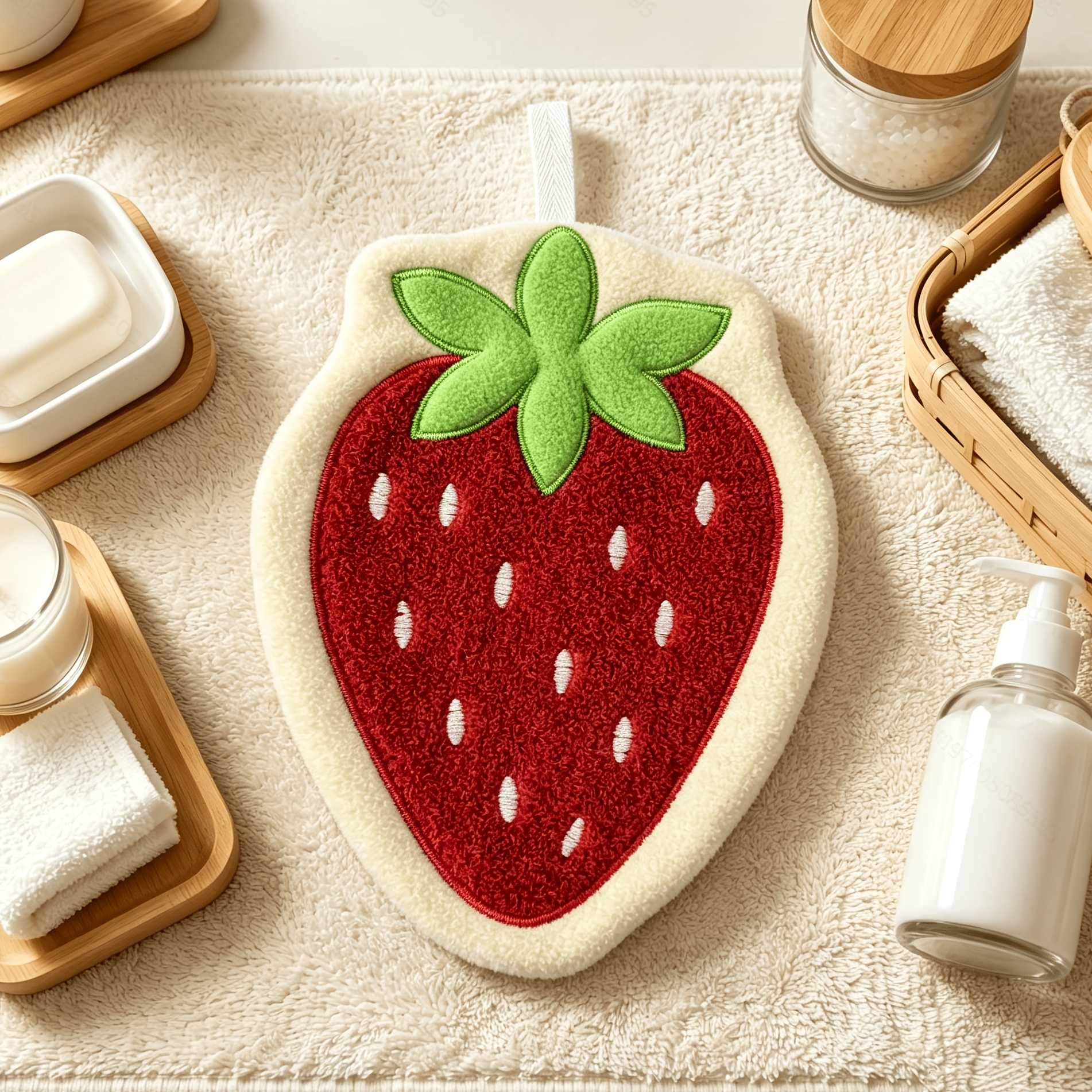 TEMU Serviette à Main Suspendue Mignonne Fraise, Chiffon de Séchage Polaire Épaissi Absorbant à Séchage Rapide avec Crochet, Montage Mural pour