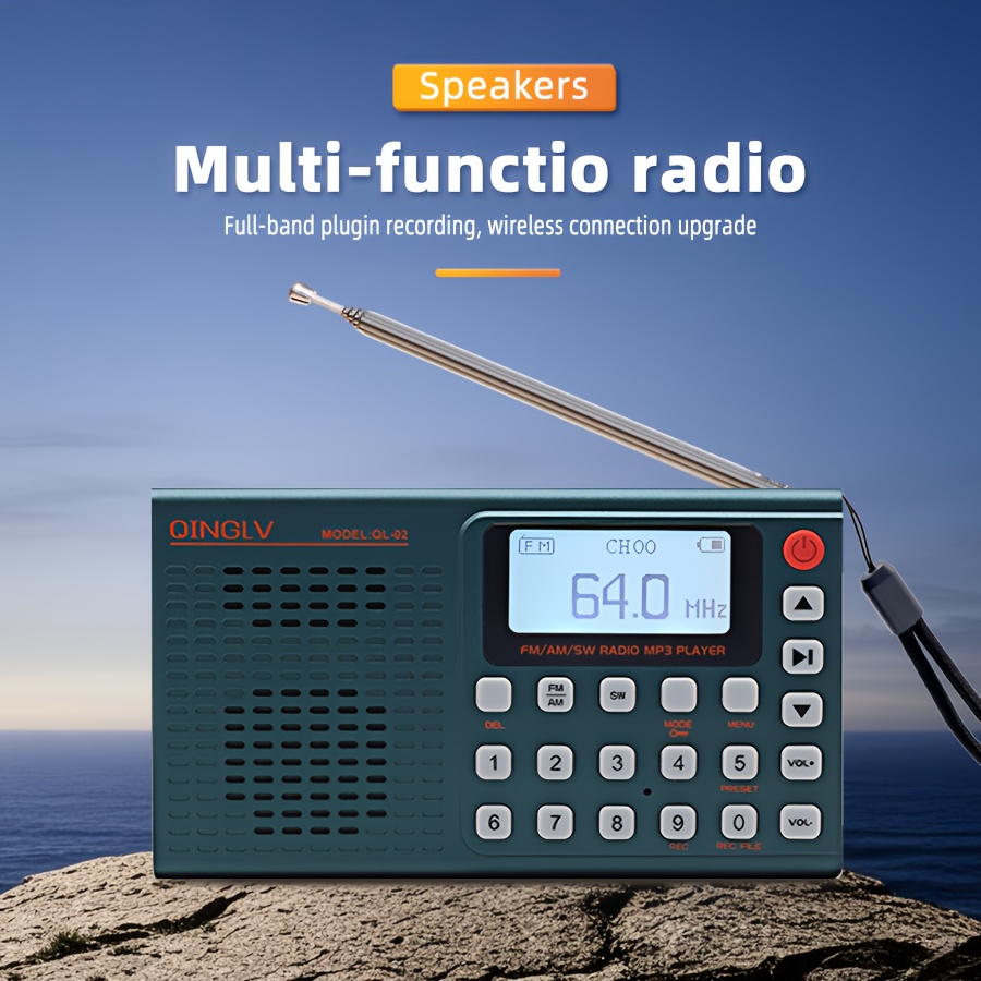 a multi-functional fm/am/sw radio with a 3w full band speaker, a 3.5mm headset interface, usb charging, compact indoor design, wireless connection, wireless transmission, back-mounted holder design, suitable for indoor, outdoor and emergency use,  , camping, and hiking 0