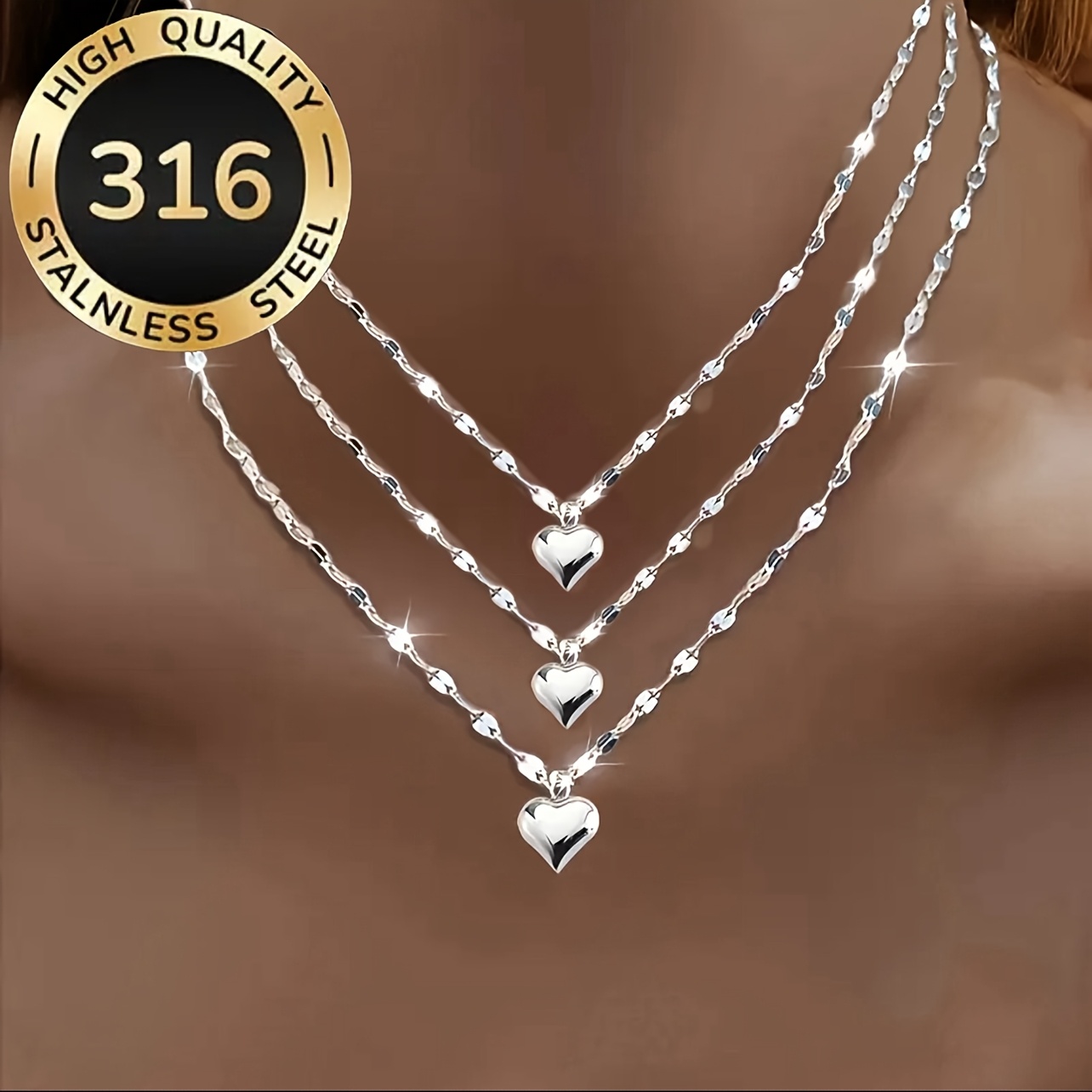 TEMU Ensemble de 3 minimalistes tendance avec lèvres à paillettes et cœur, collier en acier inoxydable pour femmes, accessoire hypoallergénique pour