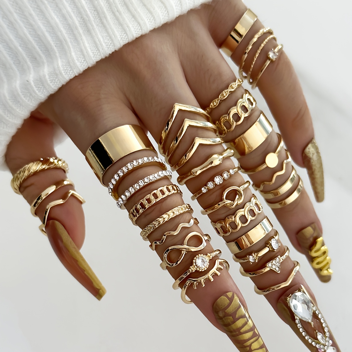 TEMU 30pcs Set Alloy Iron Hoop Rhinestone Inlaid Ring Set For Women, Fashionable Vintage Elegant Casual Geometric Rings, Eye Infinity Symbol Wave