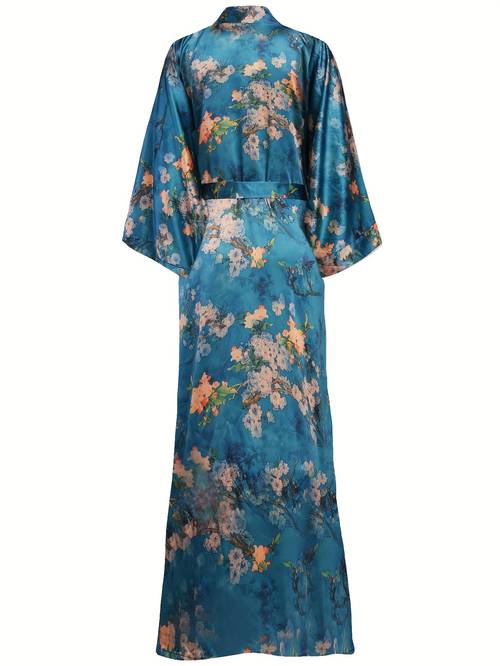 elegant floral kimono robe satin silky wedding nightgown 53 long with belt v neck pink floral print polyester hand wash only womens sleepwear loungewear satin night dress