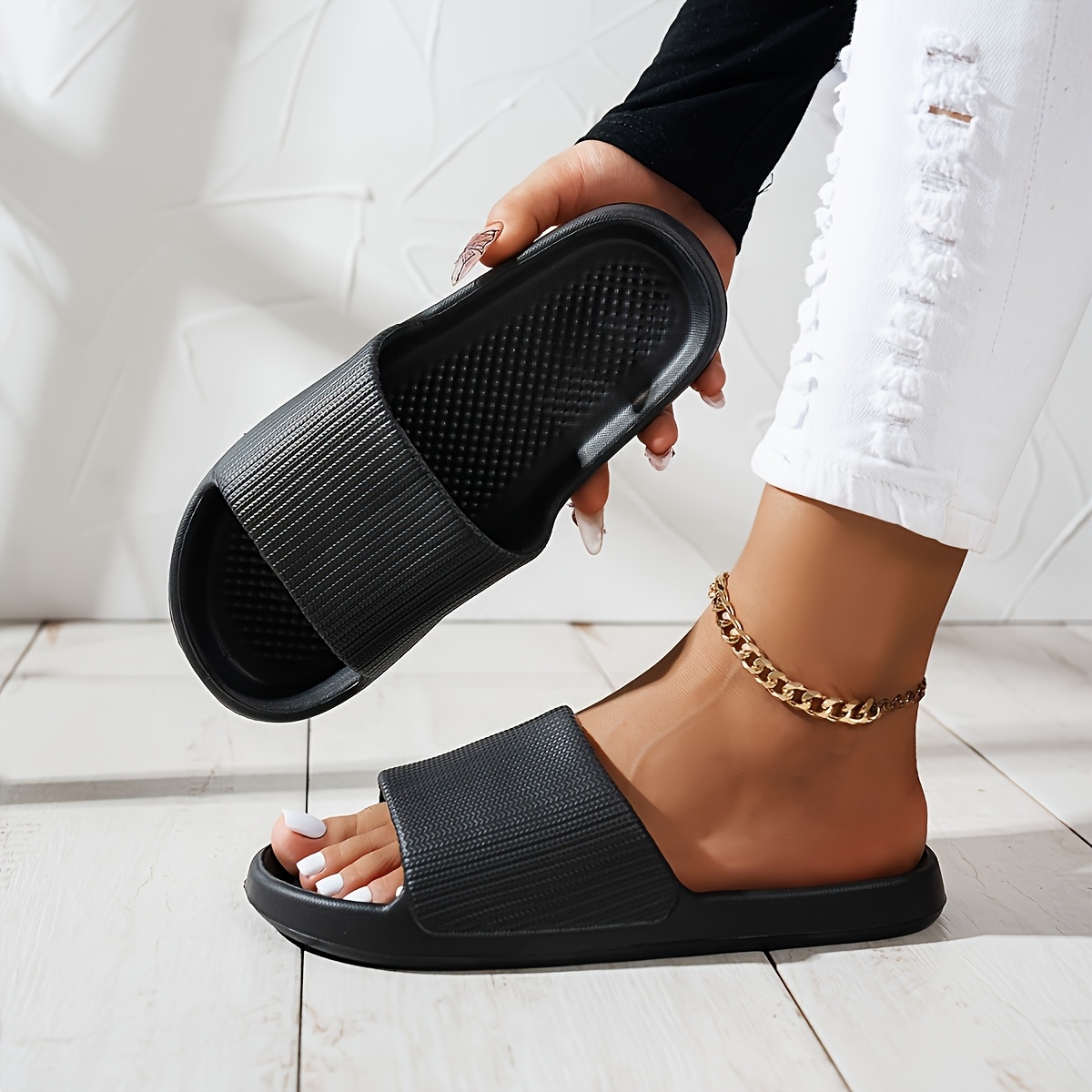 womens   slide sandals thick sole non slip open toe ribbed texture for beach indoor outdoor use summer sandals Product details 7