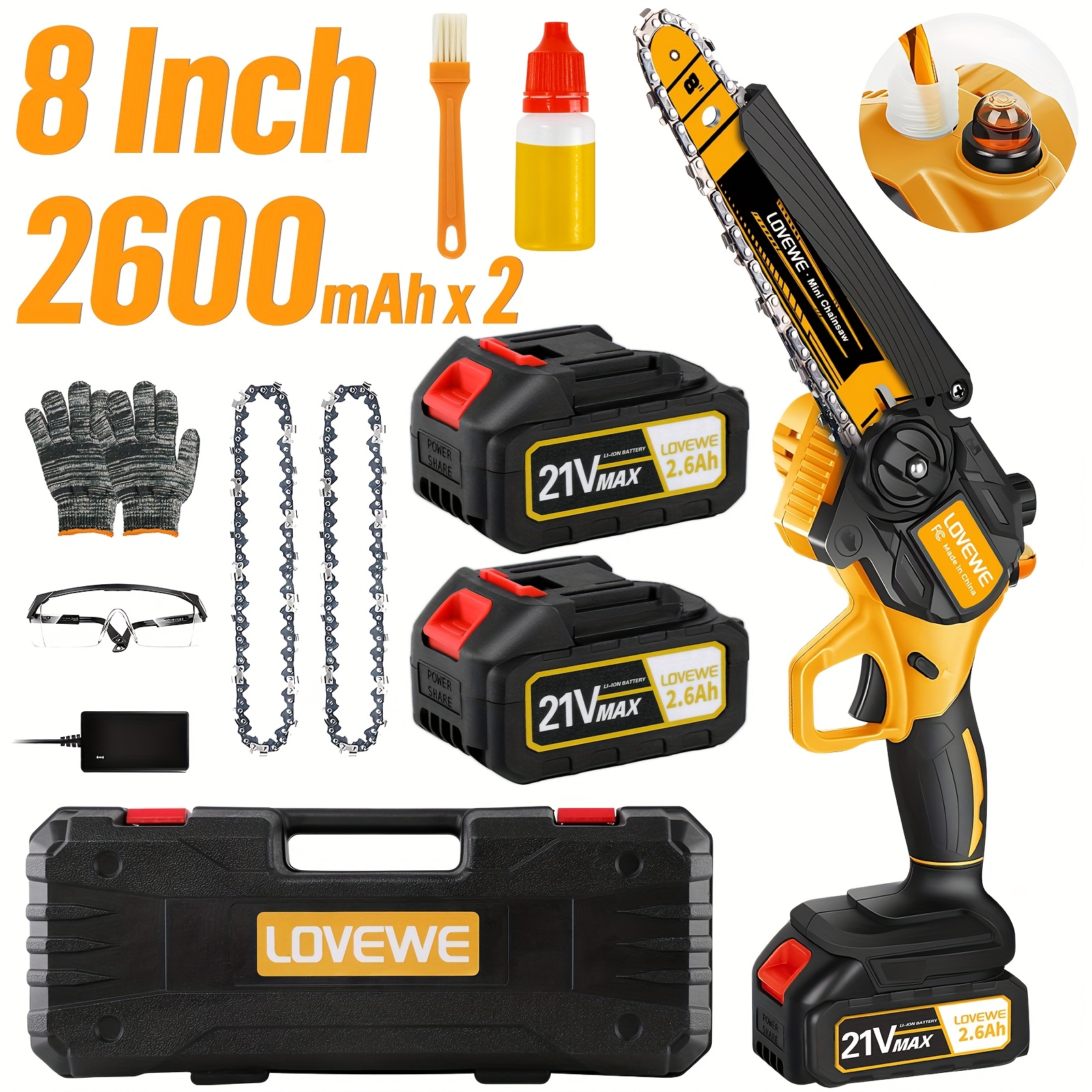 

Mini Cordless Chainsaw, 8 Inch Chainsaw, Comes With 2 2600mah Batteries, 19.6 Feet/second Fast And Powerful Cutting, Automatic Oiling, Lightweight, Sharp, Suitable For Trimming Trees