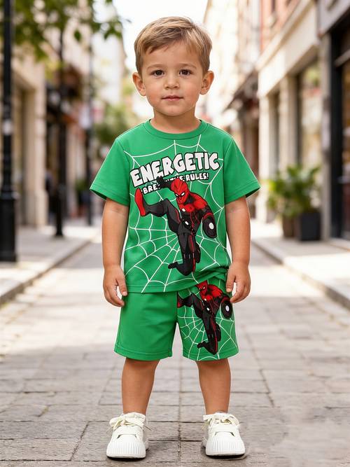 2pcs set boys 3d print cartoon spider web letter design with t shirt and shorts seasonal fashion boys clothing comfortable breathable and cool suitable for daily wear and outdoor activities ideal for outdoor use as a gift