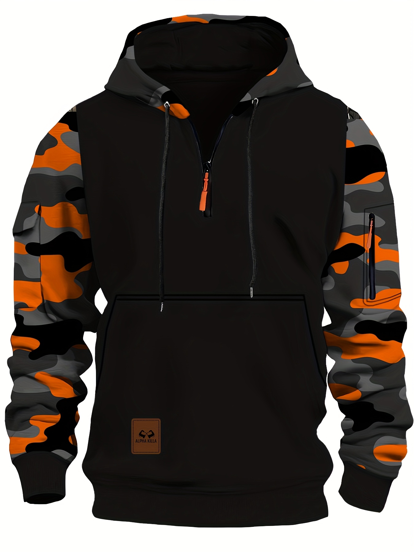 Herren Camo Halb-Reißverschluss Hoodie mit Kängurutasche Schwarz-Weißes  Tarnmuster, Langarm Freizeit-Sweatshirt für Herbst/Winter