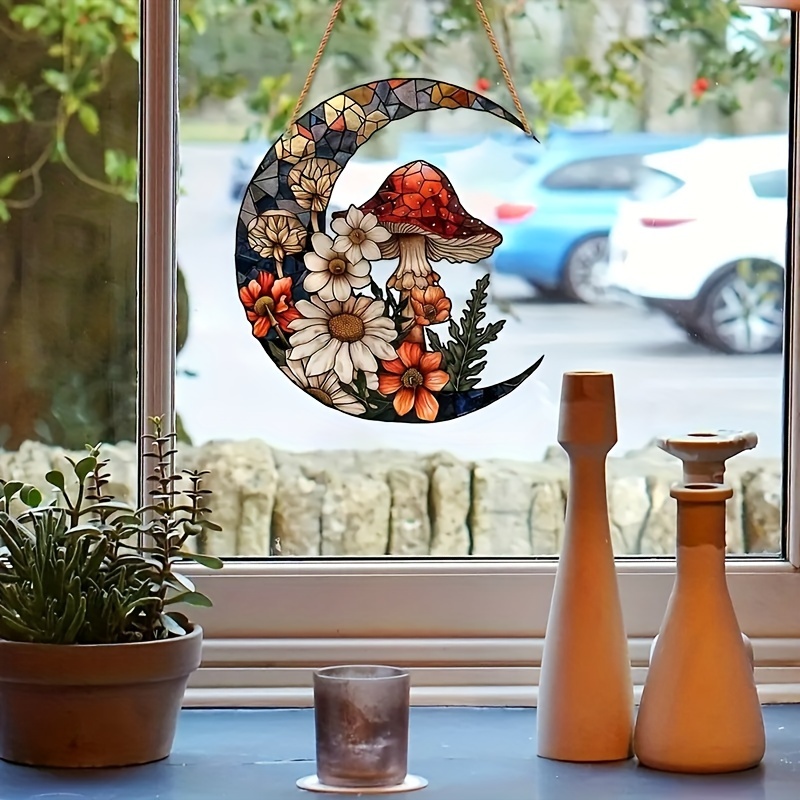 

2d Flat Acrylic Moon Suncatcher With Floral And - Multipurpose Fairy Decorative Hanging Sign For Bedroom, Living Room, Kitchen, Door, Window, Garden - Wall Mounted, Flower Theme Decor