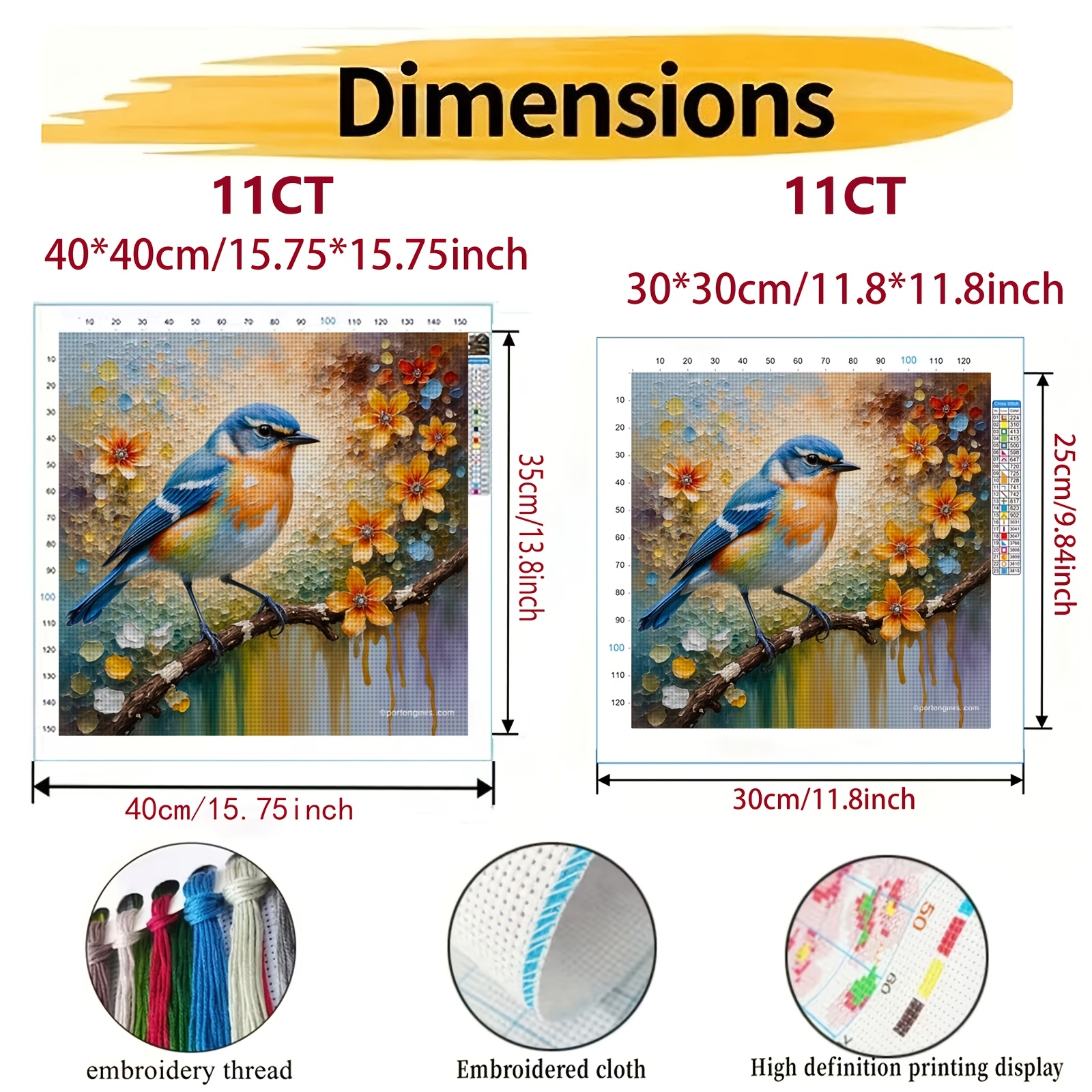 Cross Stitch Kit, Colorful Bird on Branch with Flowers Design