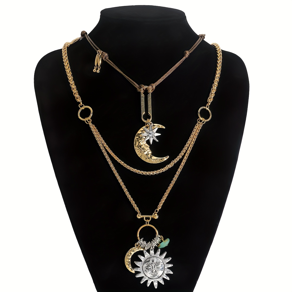 TEMU Conjunto de collar largo para mujer con colgante de metal estilo retro bohemio, 2 piezas, diseño elegante y versátil, diseño , sol, estrella,