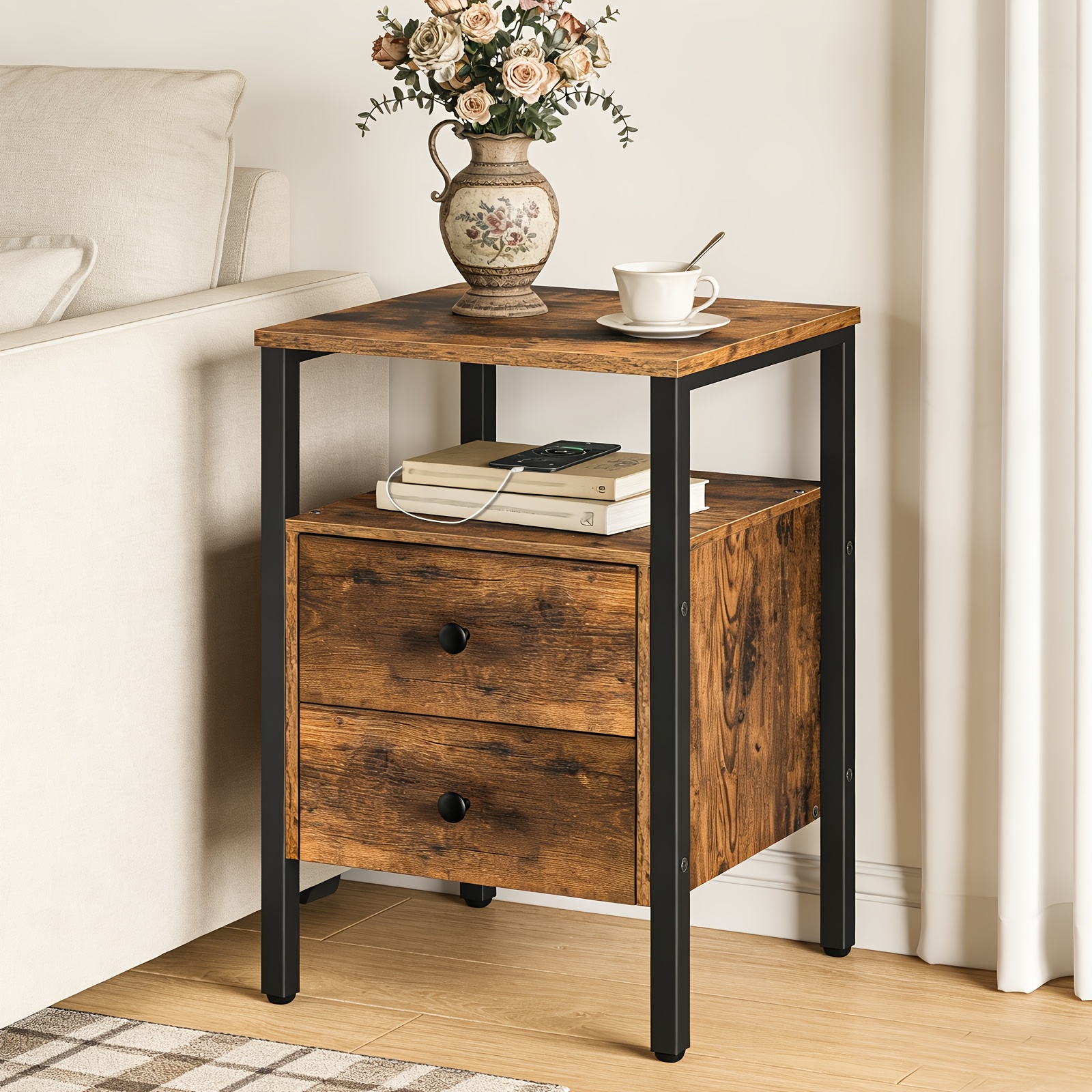 Image of Modern Retro Bedside Table With Charging Station, Side Table/sofa Table With 2 Drawers, Universal For Living Room And Bedroom, Built-in Usb Interface