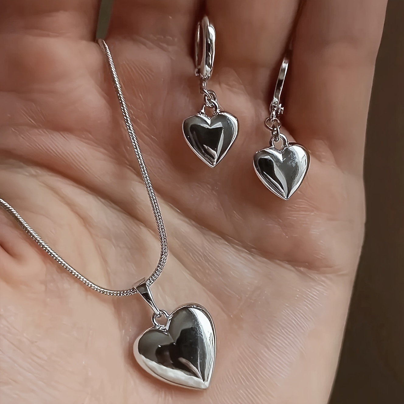 TEMU 2pcs Set Minimalist Heart Pendant Necklace And Earrings, Elegant Thin Snake Chain Collarbone Necklace, Creative Dangling Hoop Earrings,