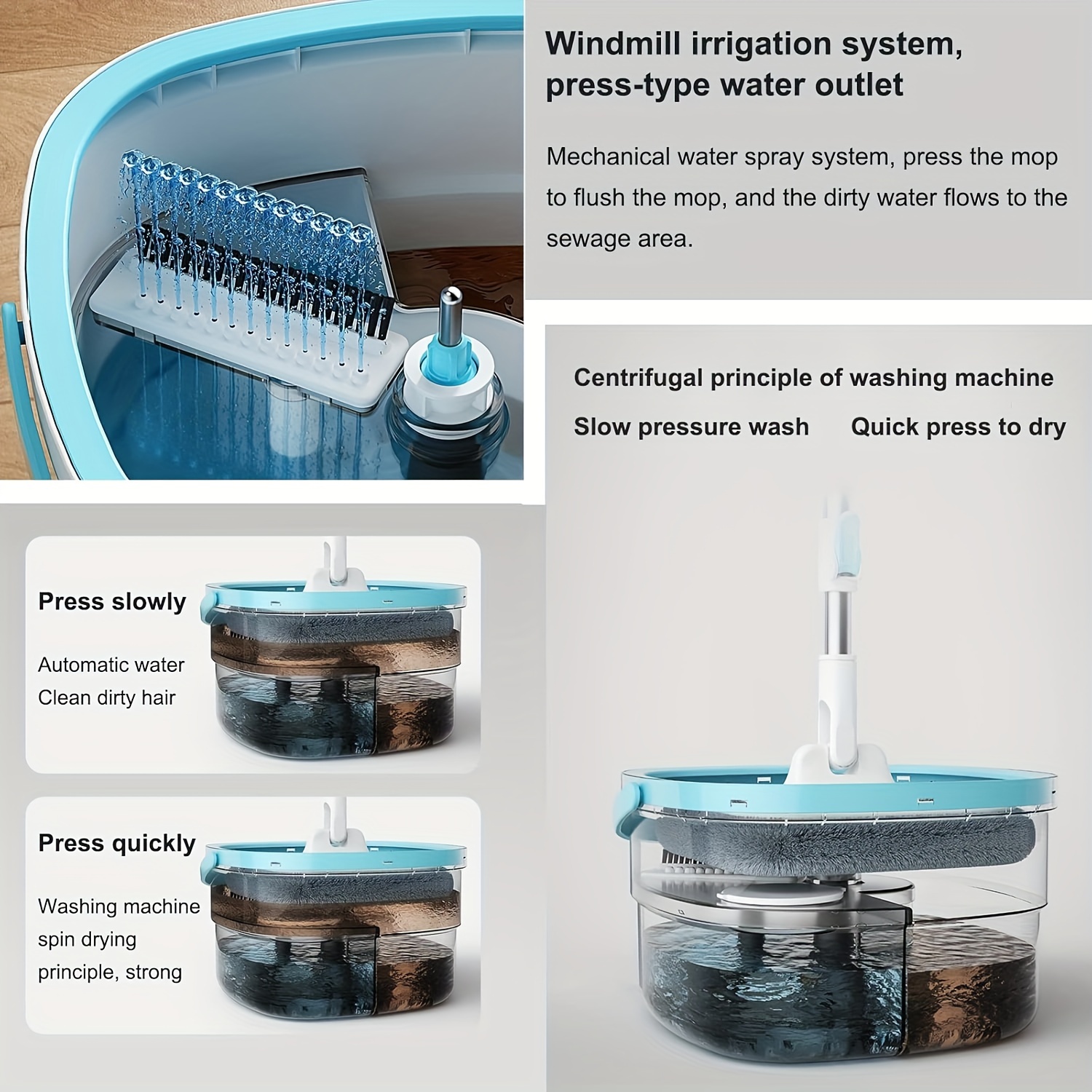 Flat Squeeze Mop and Bucket Set with 2 Microfiber Pads - Hand-Free Wringer for Efficient Floor Cleaning, Multi-Surface Mop with Easy Press Handle & Rotating Head - Plastic, No Electricity Needed for Home Use (Living Room, Bedroom, Glass, Walls & Floors) details 4