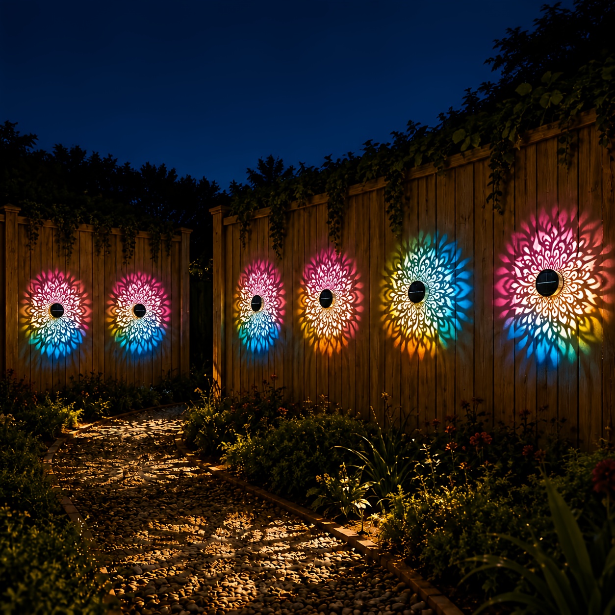 2/4/6pcs Solar Fence Lights Colorful Warm White Outdoor Mandala Projection Lights Solar Wall Lights for Fence Patio Garden Yard Steps Pathway Exterior Wall Light Exterior Wall Lights for Outdoor Exterior Wall Lights for Outside House Exterior Wall