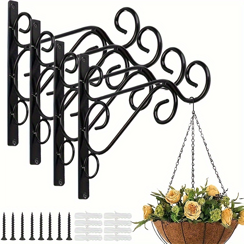 

4-pack Heavy Duty Metal Wall Hanging Brackets Hooks For Garden Basket Lantern Lawn Light Flower Pots, Wall Mount Plant Hooks With Screws For Outdoor Indoor Decor, No Electricity Needed - Black