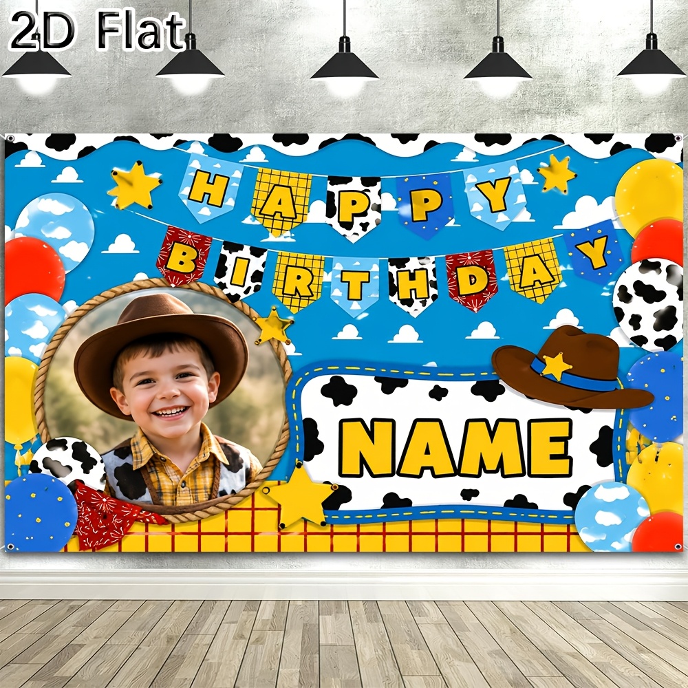 TEMU 2d Flat, 2d Banner-[2d Banner] 1pc Banner, Customizable With Name And , Cowboy-themed Happy Birthday Party Decoration Background, Featuring