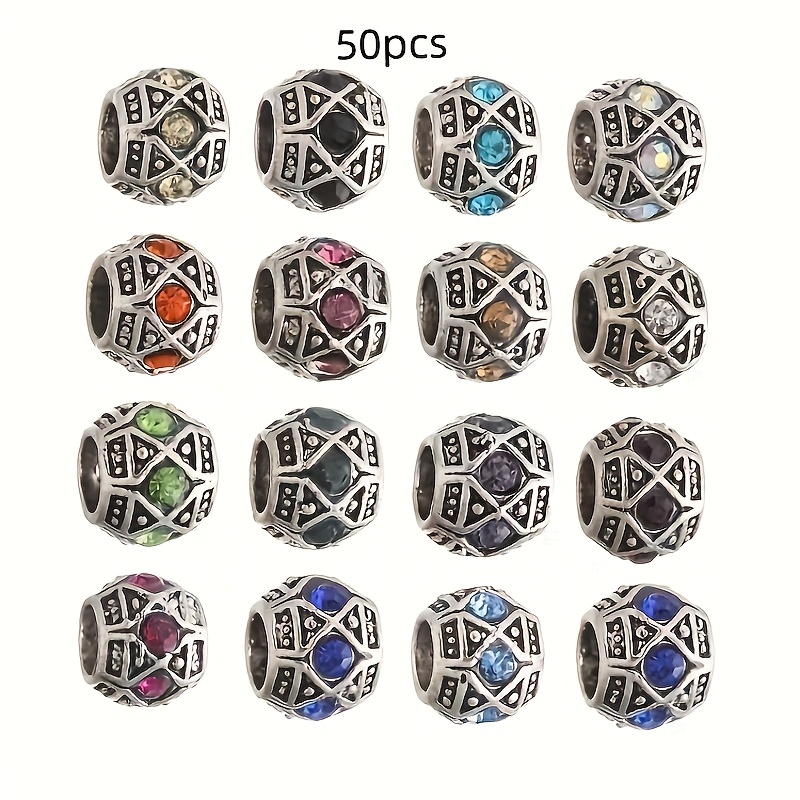 TEMU 50pcs Assorted Alloy Rhinestone Large Hole Beads Loose Beads Spacer Beads For Bracelet Beading