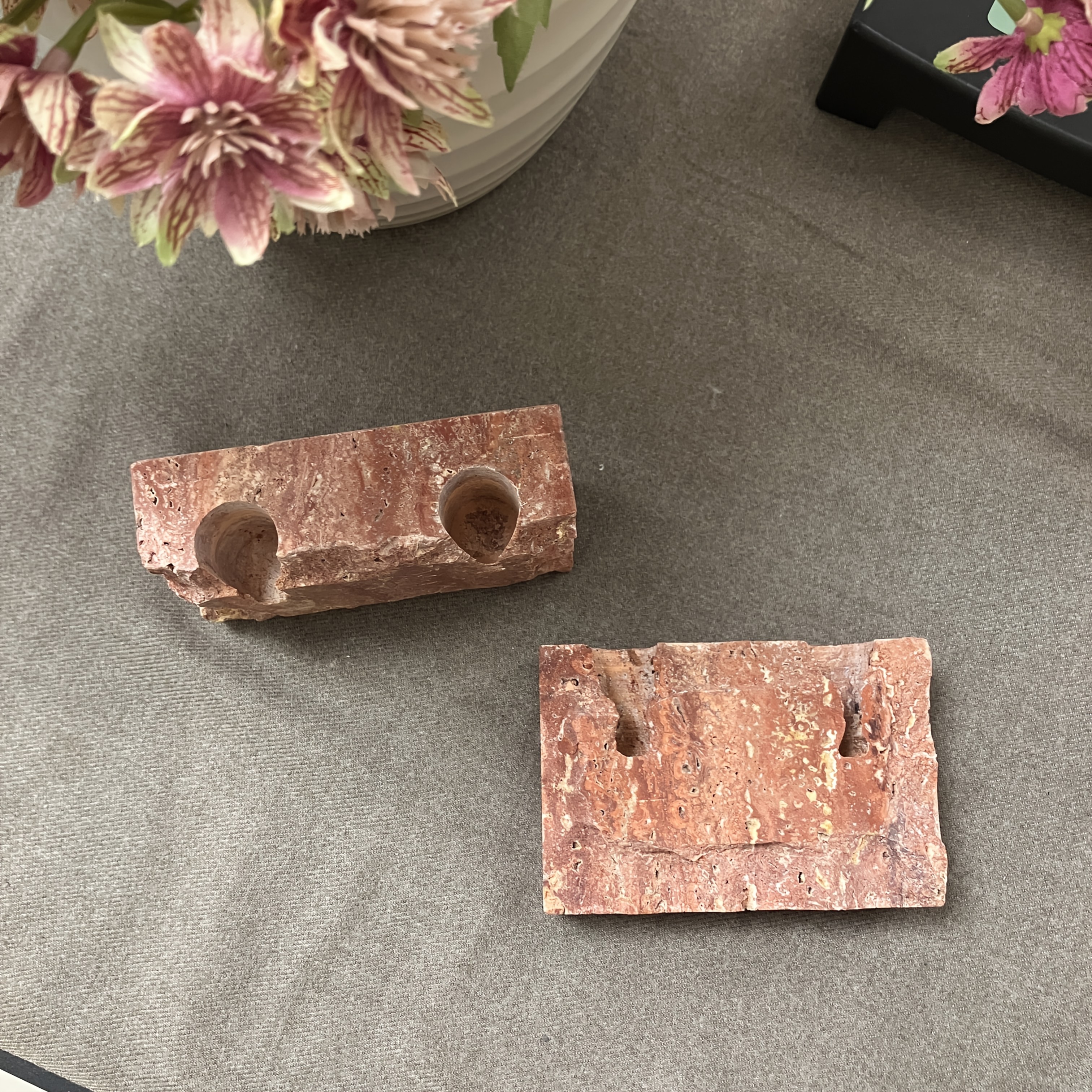 1pc Natural Red Marble Candle Holder - Uniquely Designed Rectangular Two-Hole Candleholder, Holiday Candle Holder, Onyx Candle Holder Base, Travertine Candle Holder, Multi-Branch Candle Holder, Suitable for Weddings, Parties, and Holiday Decoration.