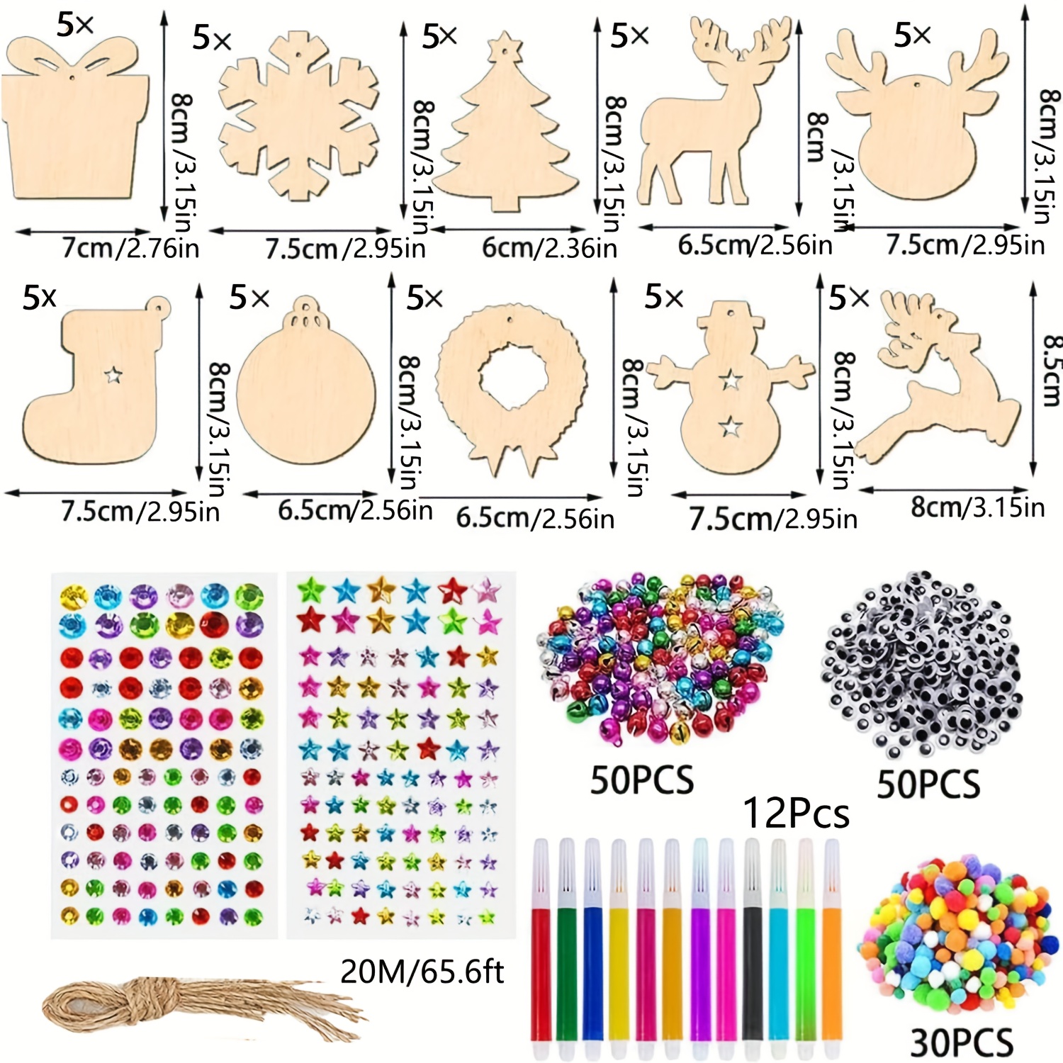 TEMU 204pcs Wooden Christmas Ornaments Unfinished, Wooden Ornaments To Paint For Christmas Tree Decorations Holiday Hanging Decorations With Bells,