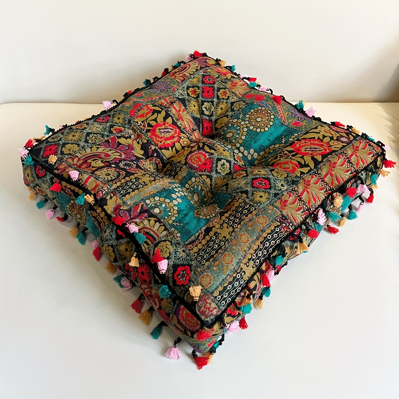 

1pc Bohemian Chic Tassel Cushion - Thick, Versatile Mat With Geometric Pattern - Perfect For Living Room, Study, Dining Area - Hand Washable Cotton Cover