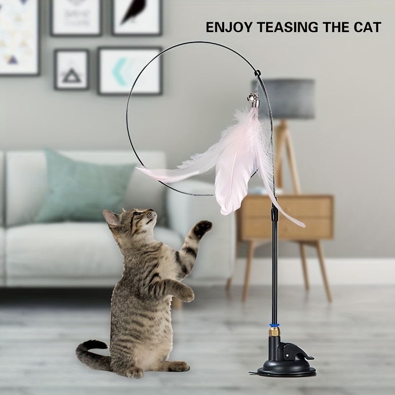 

1pc Interactive Cat Feather Teaser Toy With Strong Suction Cup Stand, Plastic, Bell-attached Feather, No Batteries Required, Ideal For Small Breeds