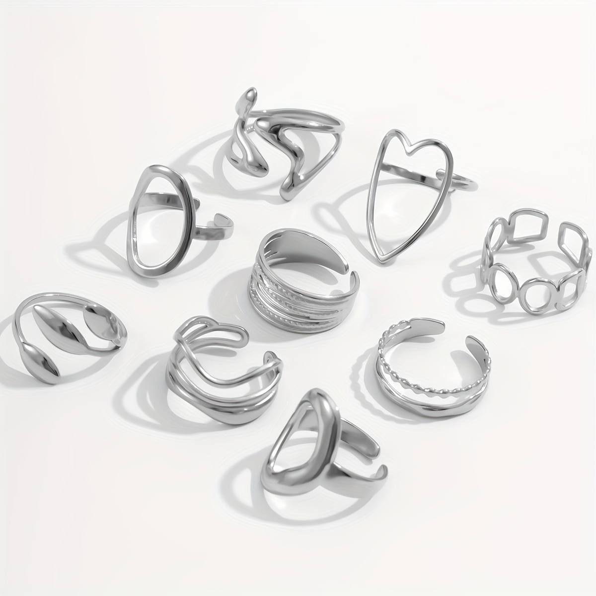 E-shop 9-teiliges edles und wunderschönes Damen-Ringset aus Edelstahl mit unregelmäßiger, glänzender, gebogener Form, offener Ringform, geeignet für