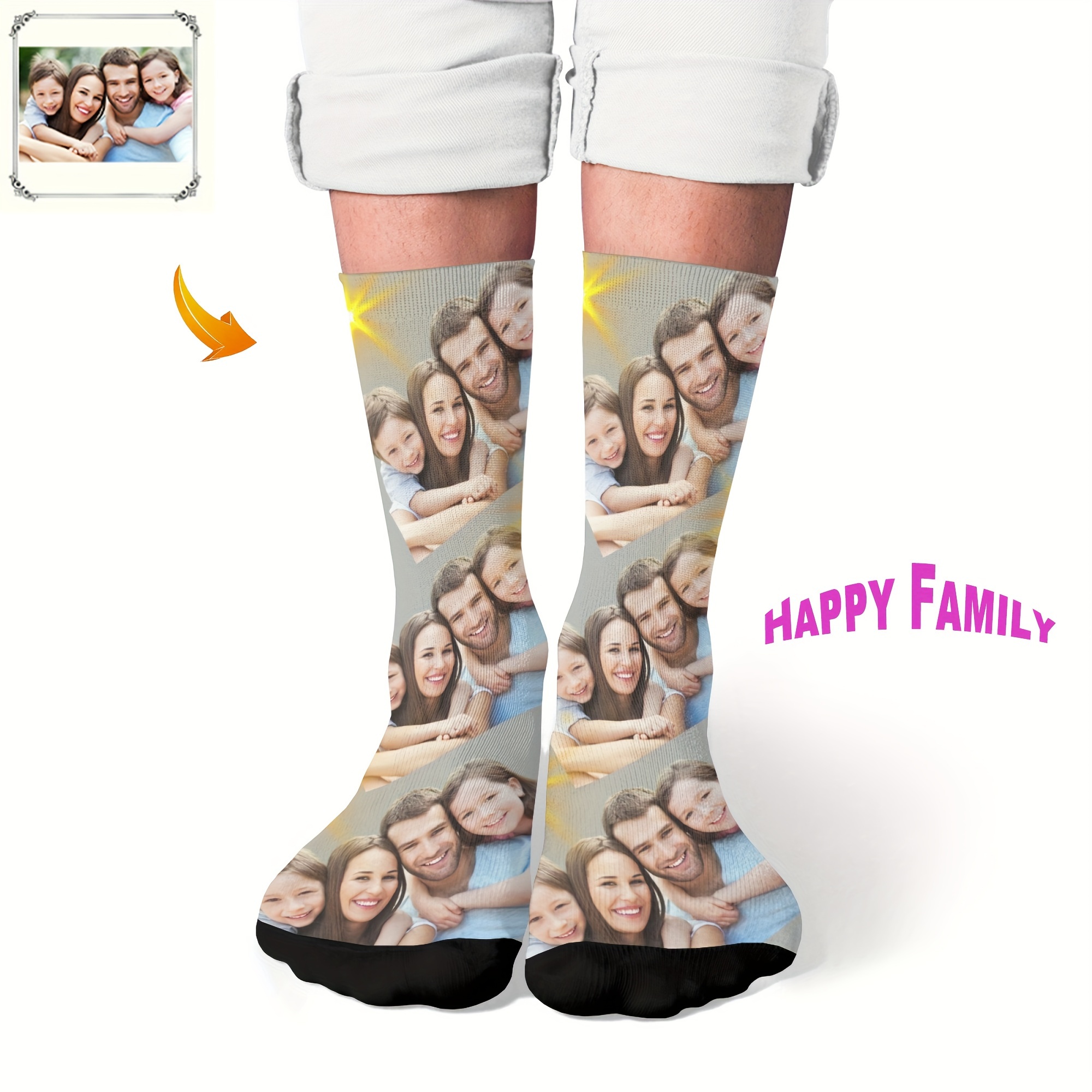 

Custom Happy Family Portrait Photo Socks, Personalized Print Novelty Mid-calf Socks, Unisex, Comfortable Stretchy Breathable Polyester Knit Fabric, Hand Wash Only - Single Pair