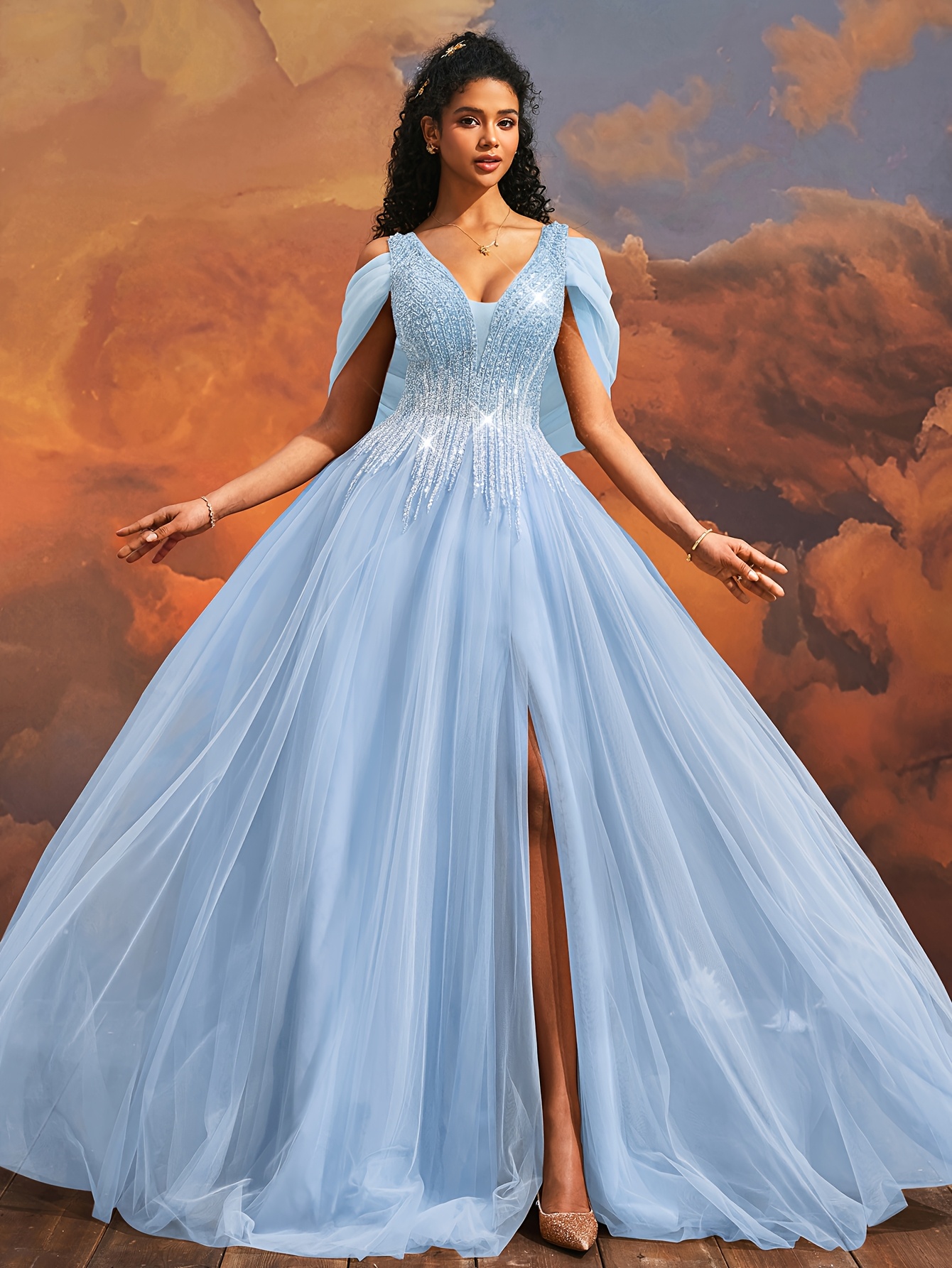 sachin and babi light blue dress Embroidered Sequin Tulle Evening Maxi Dress for Glamorous Occasions