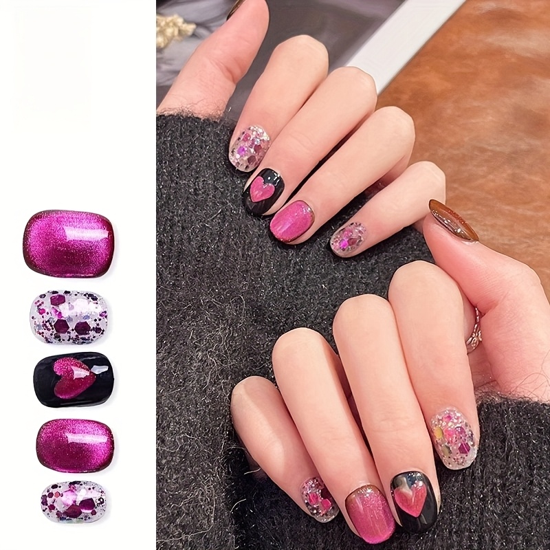 

10pcs Press On Nails Set, Handmade Square Short False Nails, , With Heart Patterns In Pink, Red, And Black, For Halloween Customizable Removable Nail Art