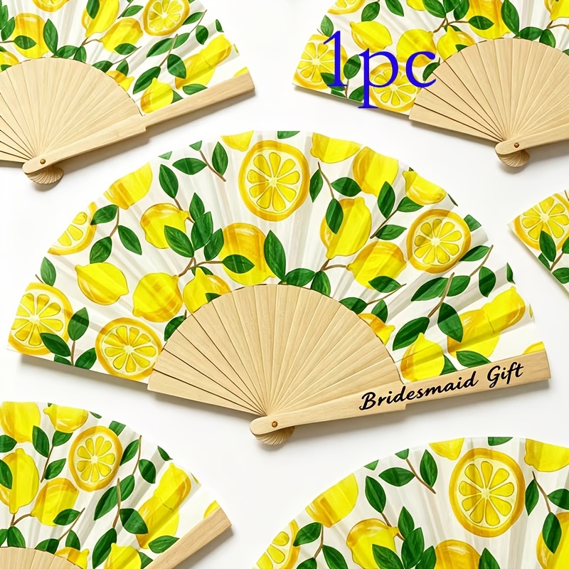 TEMU Éventail pliant personnalisé citron, personnalisable avec nom/date gravable, éventail à main en bois à imprimé citron, convient cadeau universel