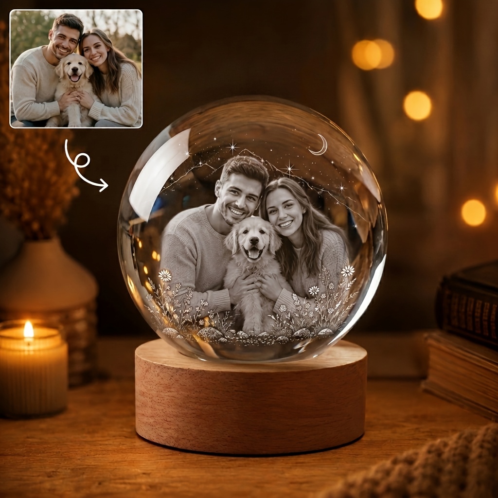 TEMU Personalized Custom Decorative Crystal Ball Ornament, Starry Sky Floral Atmosphere, Custom Anniversary Photo Engraving Inside K9 , Commemorating
