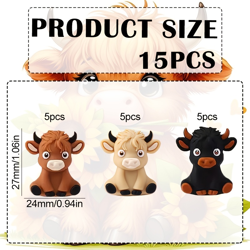 TEMU 15pcs Perles en silicone Vache Highland 3D 3 couleurs mignonnes - Perles focales en silicone, Design tendance, Perles pour la fabrication de