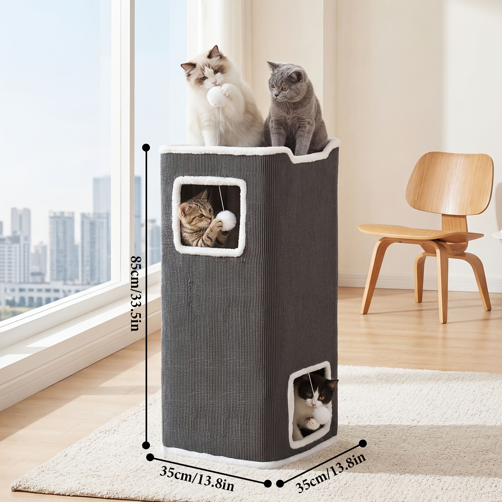 Three-layer Cat Bed, Grey Plush Fully Wrapped, Includes Cat Wand Toy, Stackable Style Cat Tree Bed, Sturdy Anti-shake Layered Design, Shared By Multiple Cats, Indoor Cat Hiding And