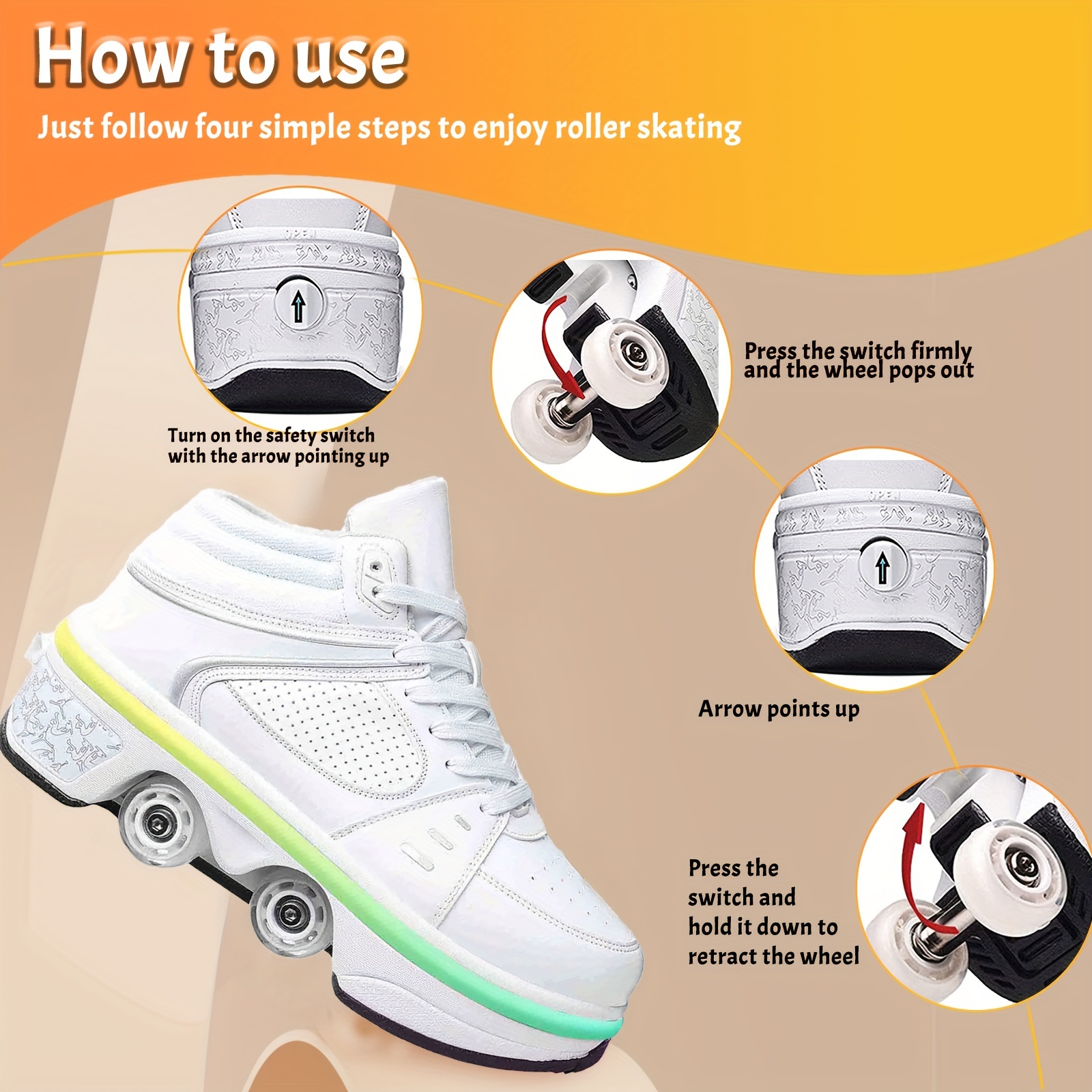 Kick Speed Shoes With Foldable Wheels Roller Skate Shoes