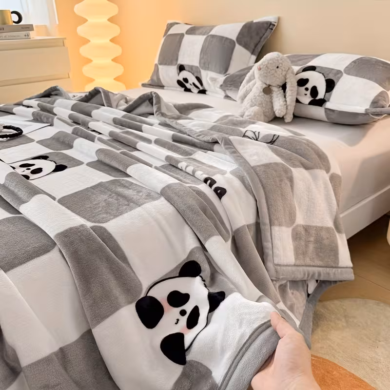 plush flannel throw blanket coral fleece gray checkered design with adorable panda patterns warm comfortable for couch bed or sofa machine washable use Product details 2