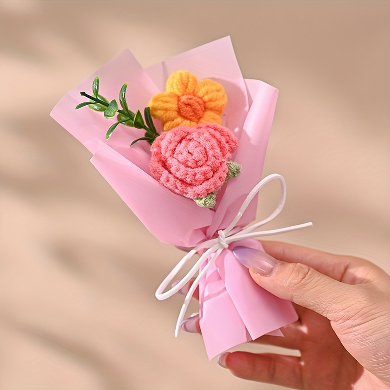 TEMU 1pc Of Faux Flower Knitted Mini Rose Bouquet With Gift Bag, Suitable As A Present For Valentine's Day, Mother's Day, Or Everyday Gifts