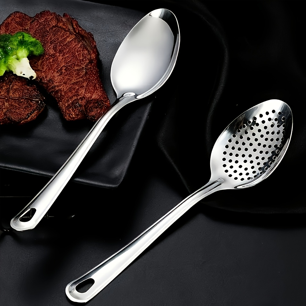 TEMU 2pcs Stainless Steel Spoon, Silvery Spoon, Colander, Slotted Spoon, High Quality Scoop, Dessert Fruit Snack Spoons, For Home Kitchen Restaurant