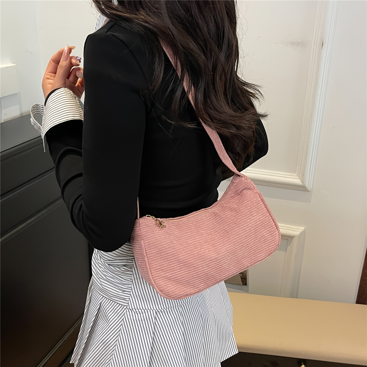 Image of 1pc Pink Corduroy Solid Color Crossbody Bag, Versatile Underarm Bag, Fashionable Minimalist Women's Bag Suitable For Work, Shopping, Commuting, Vacation, Holiday Gift