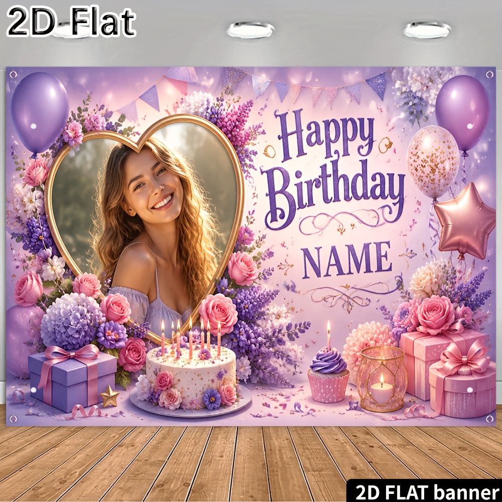 TEMU 2d Flat - [2d Flat] 1pc Party Banner Custom Photo Name Elegant Romantic Happy Birthday Purple Decorative Backdrop With Balloon Flower Cake Gift